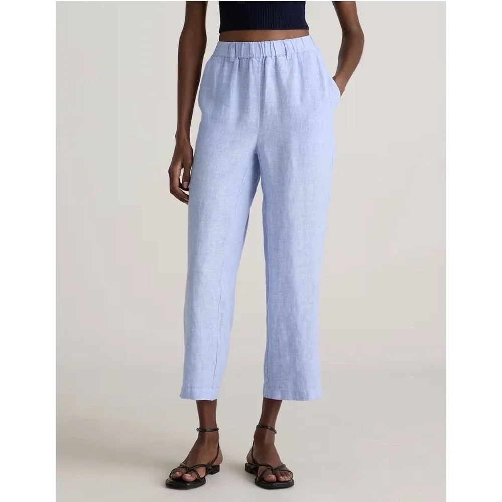 Quince 100% Linen Blue Crop Wide Leg Pants Coastal Grandma Beach Resort Sz L